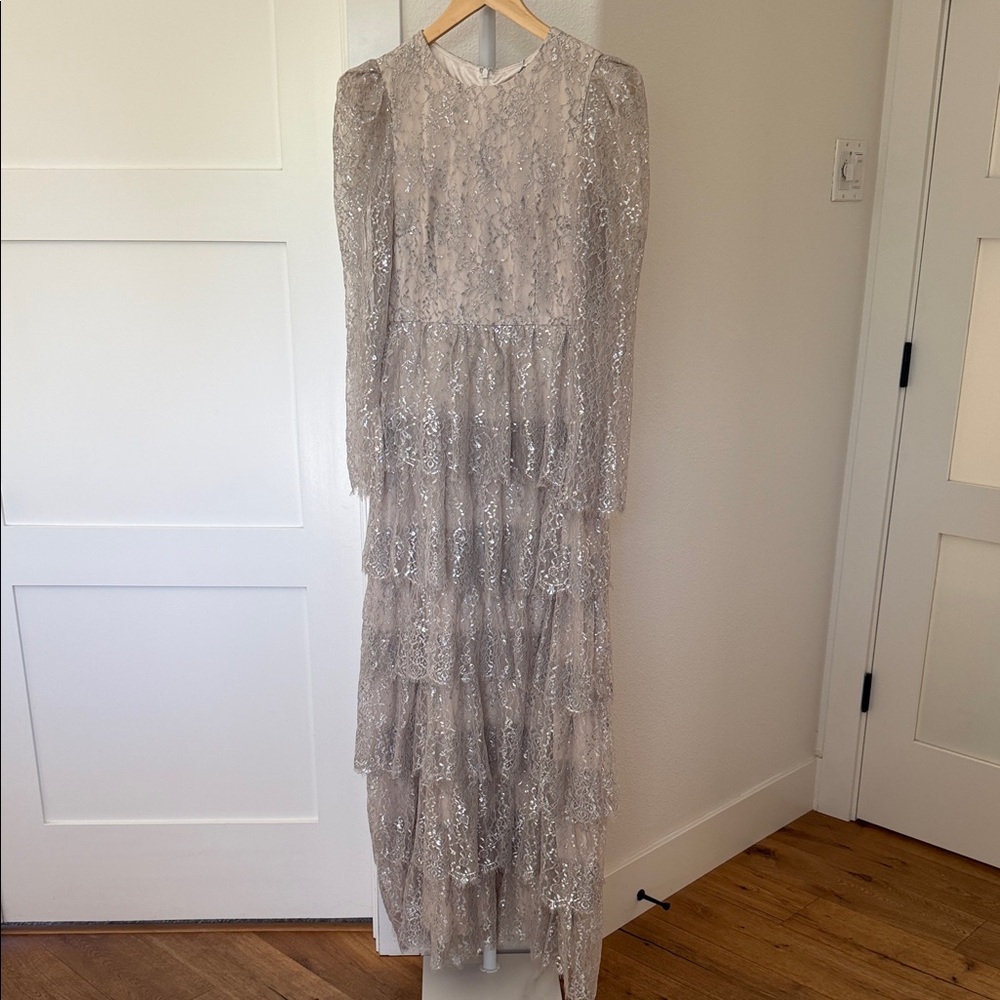 ANTONIO MELANI Silver Lace Tiered Maxi Dress
